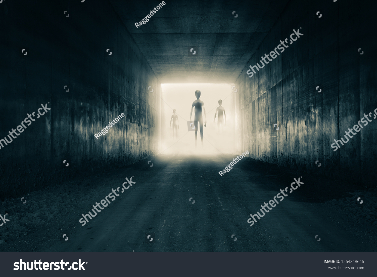A group of aliens emerging from the light at the end of a dark sinister tunnel. With a high contrast edit. #1264818646
