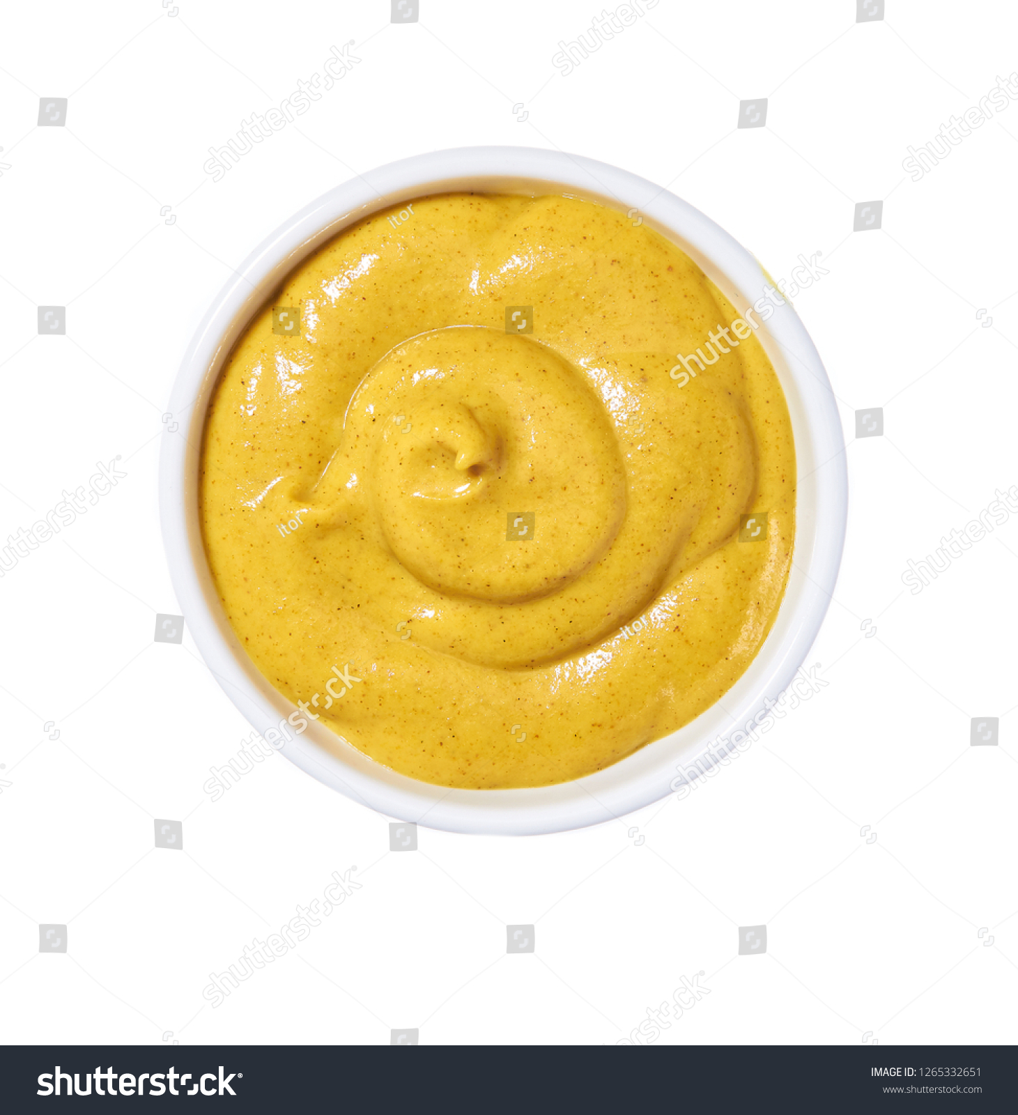 Mustard sauce in ceramic bowl isolated on white background. Portion of mustard sauce. #1265332651