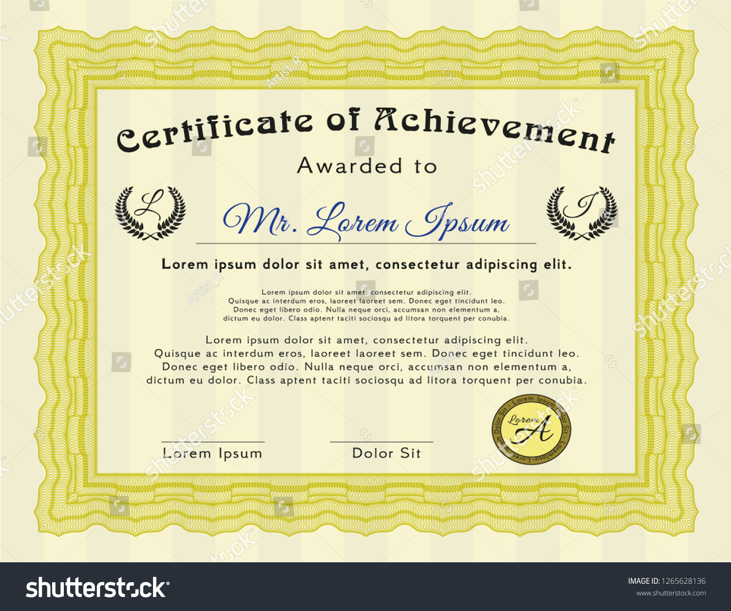 Yellow Certificate or diploma template. Vector illustration. Complex background. Sophisticated design.  #1265628136