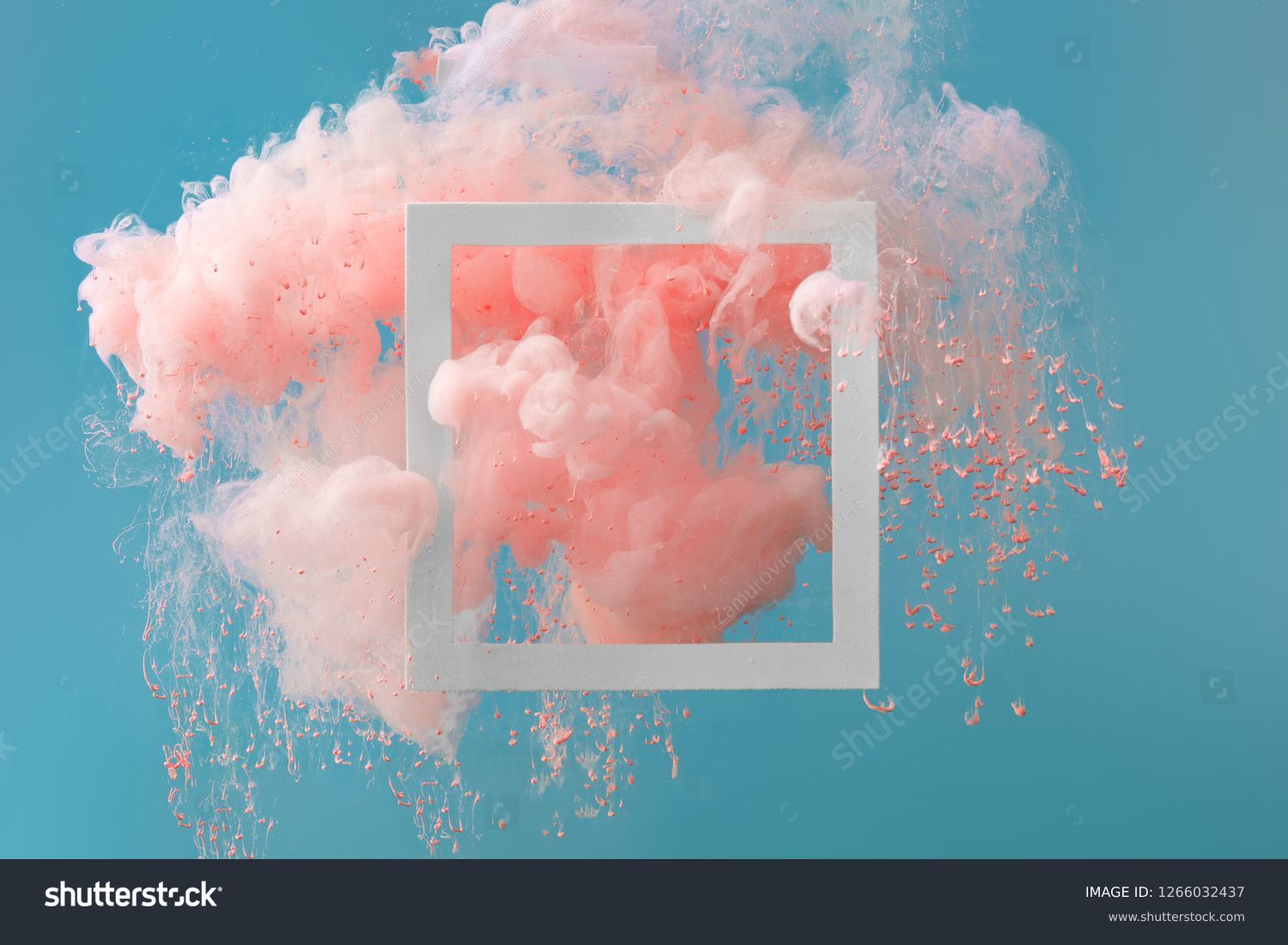 Abstract pastel coral pink color paint with pastel blue background. Fluid creative concept composition with copy space. Minimal natural luxury. #1266032437