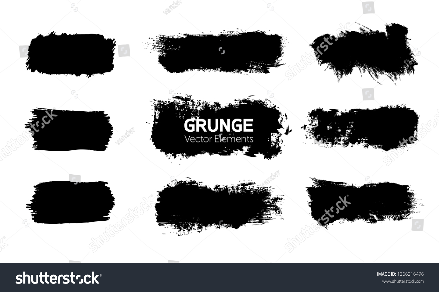 Art graphics shapes elements. Abstract black paint ink brush stroke for your design use. Modern banners template set. Grunge vector illustration background. Dirty stains frame with copy space. #1266216496