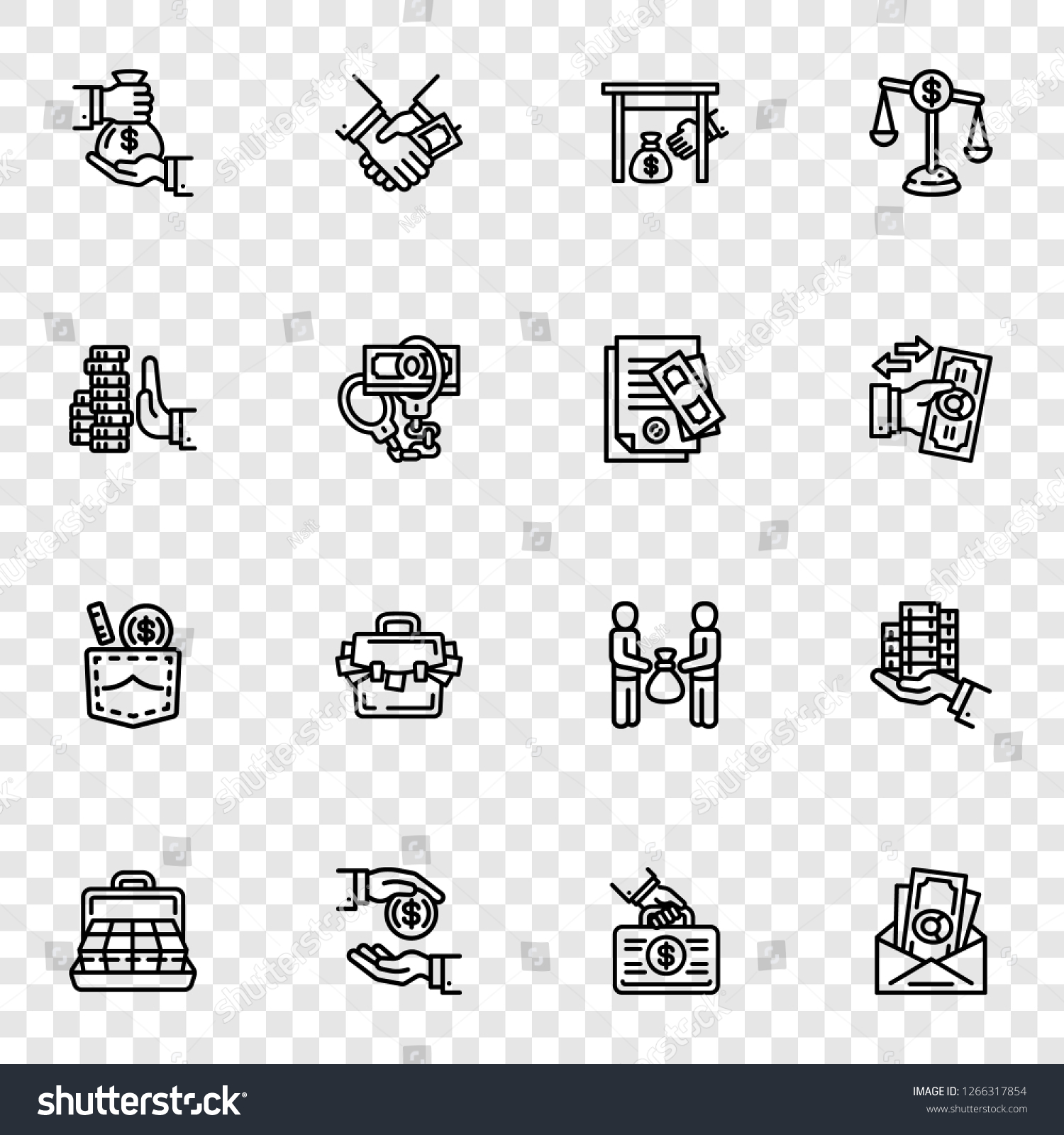 Bribery icon set. Outline set of bribery vector icons for web design #1266317854