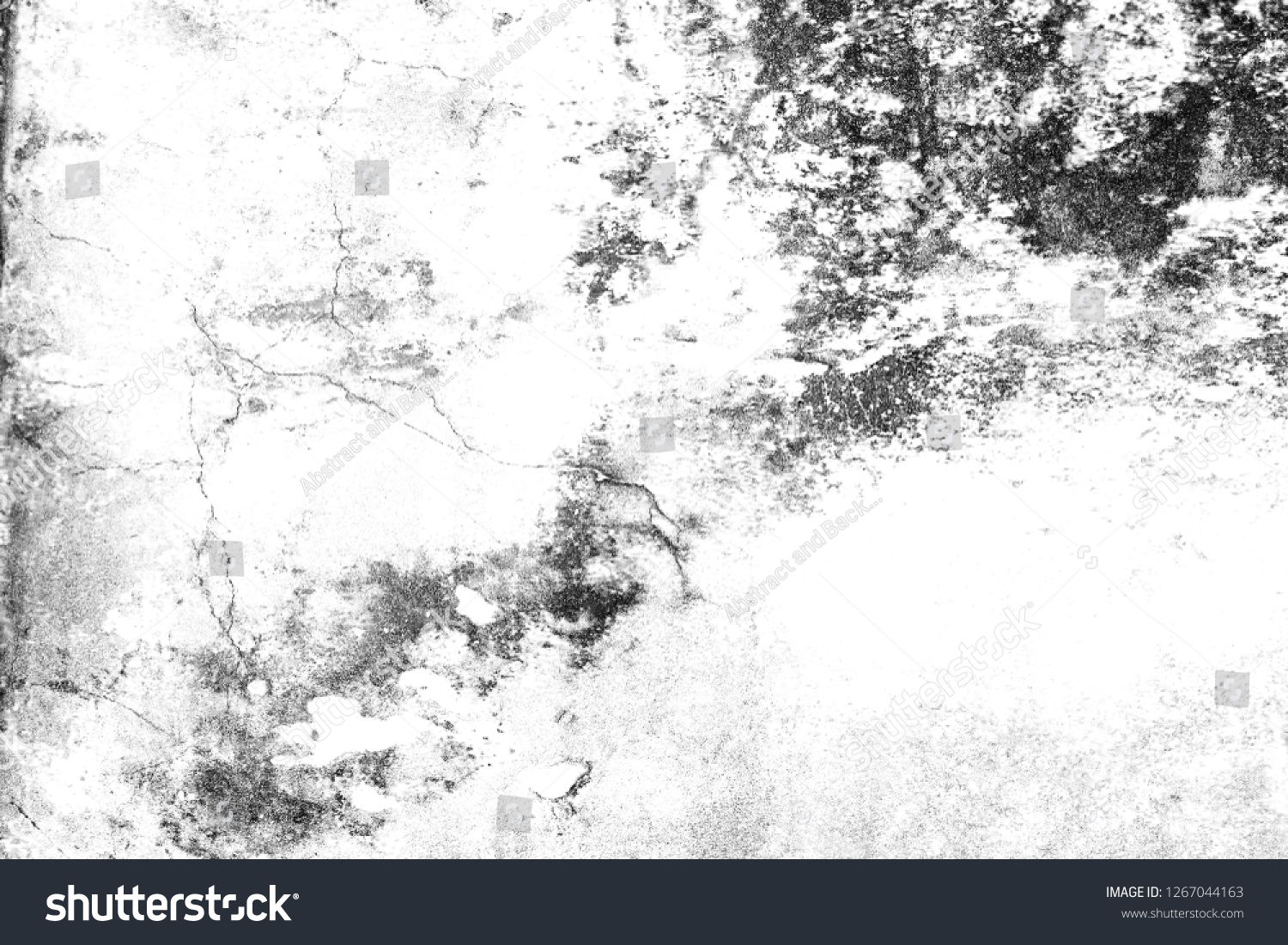 Grunge black and white texture. Abstract monochrome pattern of cracks, scuffs, chips, stains, ink spots, lines. Dark design background surface. #1267044163
