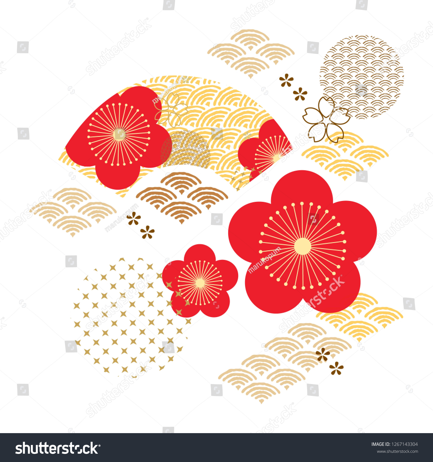 Cherry blossom with Japanese pattern vector. Red flower with wave elements template. #1267143304