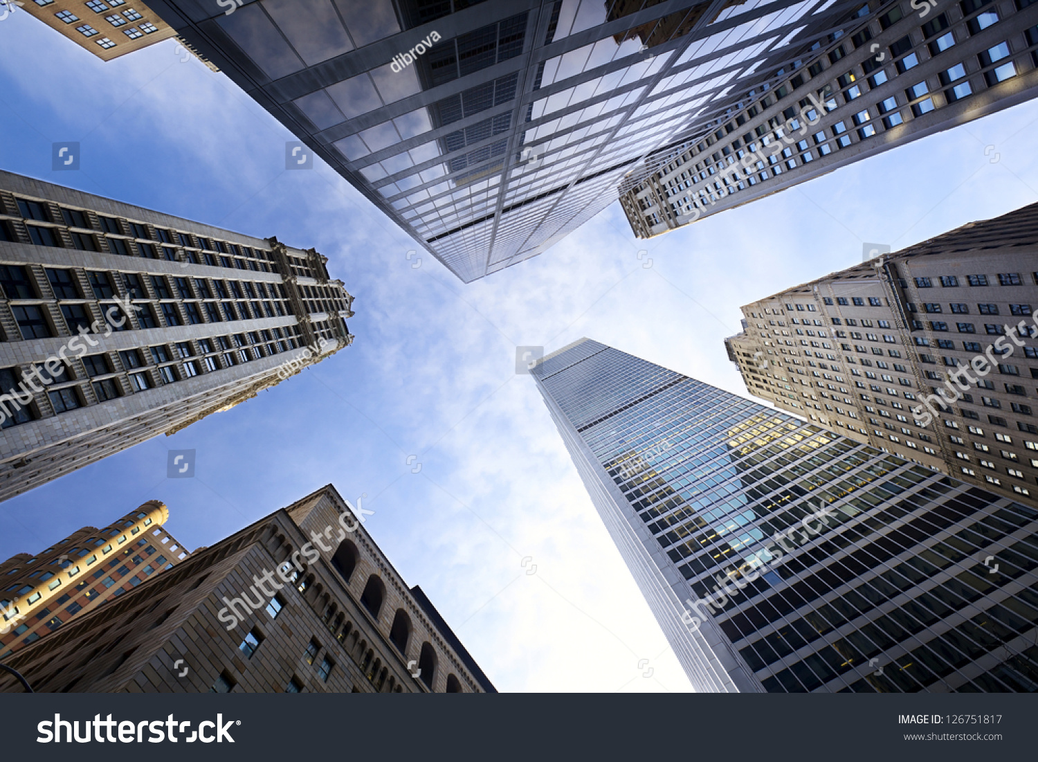 Looking up Lower Manhattan skyscrapers, New York City #126751817