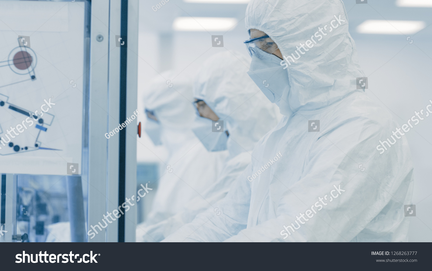 On a Factory Team of Scientists in Sterile Protective Clothing Work on a Modern Industrial 3D Printing Machinery. Pharmaceutical, Biotechnological and Semiconductor Creating / Manufacturing Process. #1268263777