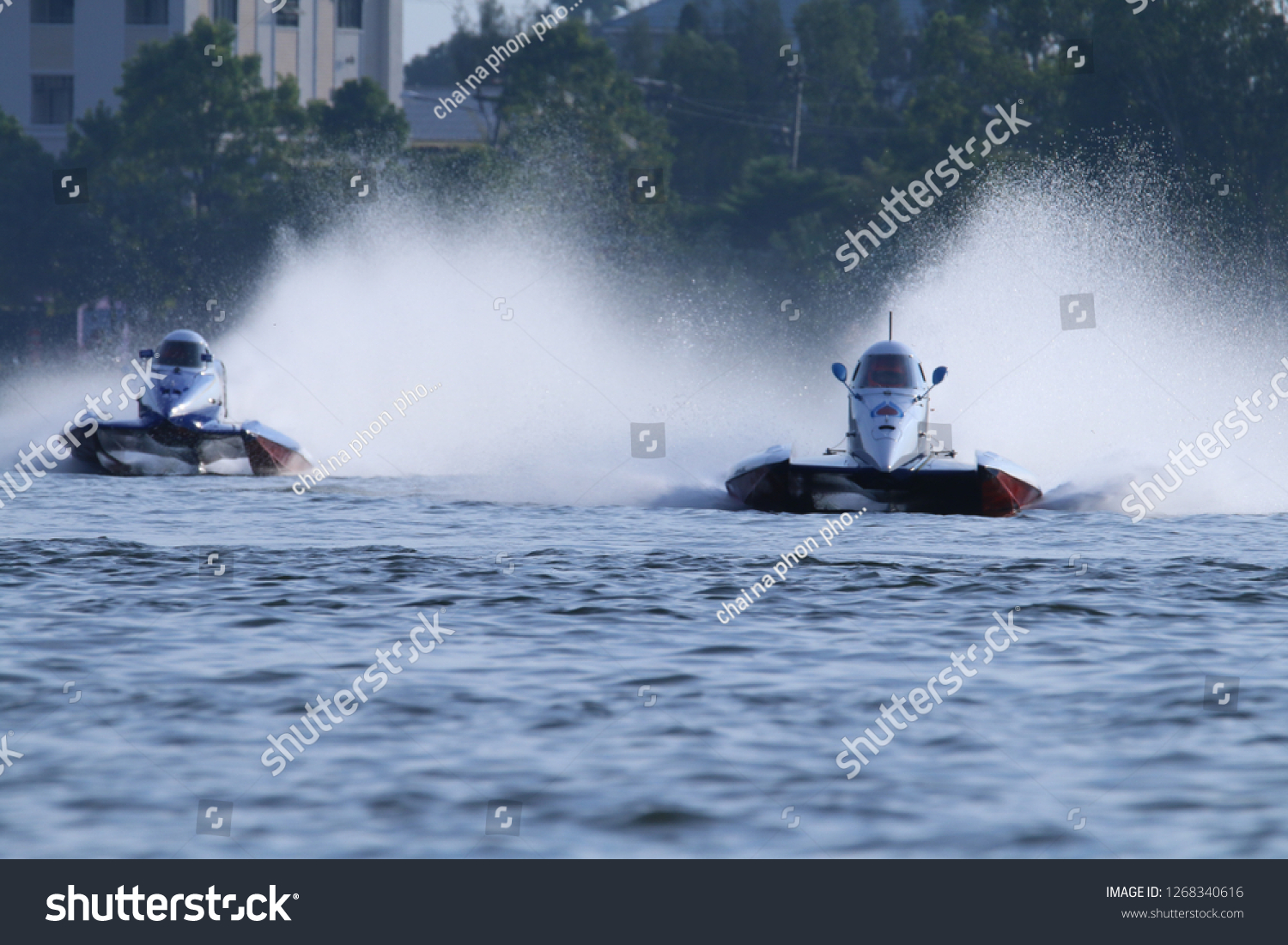 KHONKAEN,THAILAND - November 24:One of the participants in action at "Singha F1 Powerboat Thailand 2018",Bueng Nong Kho Pond ,KhonKaen,November 24, 2018. KhonKaen, Thailand. #1268340616