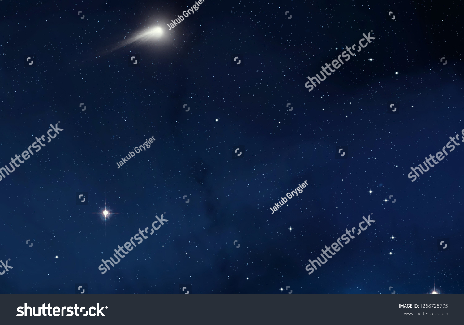 2d illustration. Deep interstellar space. Stars, planets and moons and comets. Various science fiction creative backdrops. Space art. #1268725795