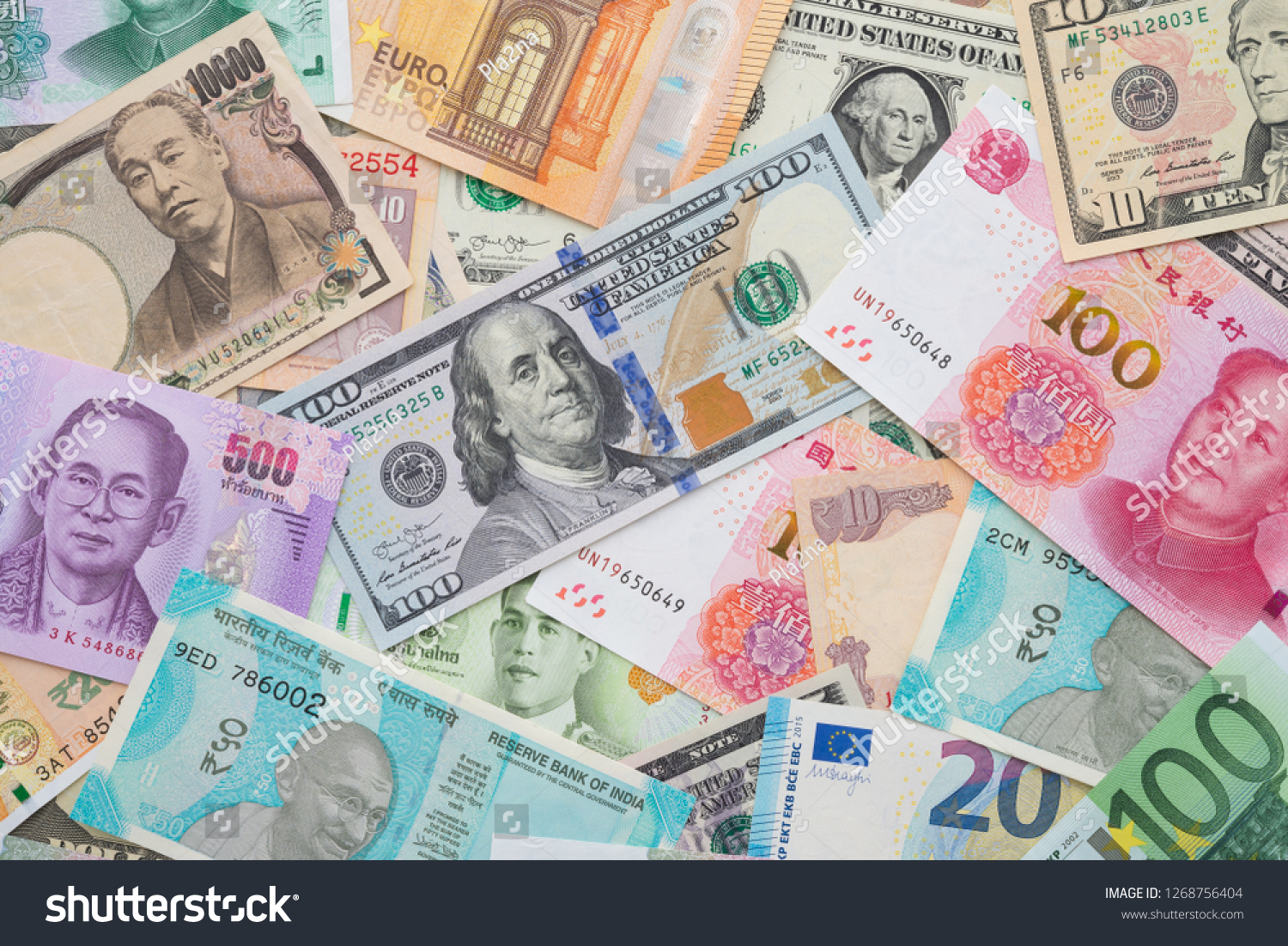 Flat lay or top view of world international banknotes vary countries background. US Dollar, Chinese yuan, Japanese yen, Euro, Indian rupee, Thai baht. Concept of Forex or global financial economic. #1268756404