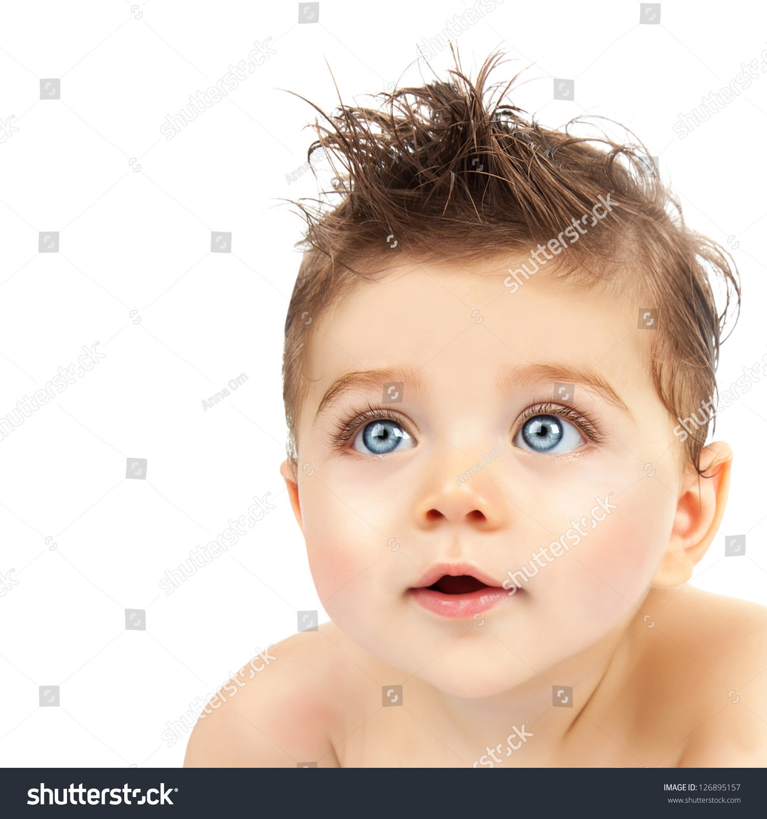 Image of cute baby boy, closeup portrait of adorable child isolated on white background, sweet toddler with blue eyes, healthy childhood, perfect caucasian infant, lovely kid, innocence concept #126895157