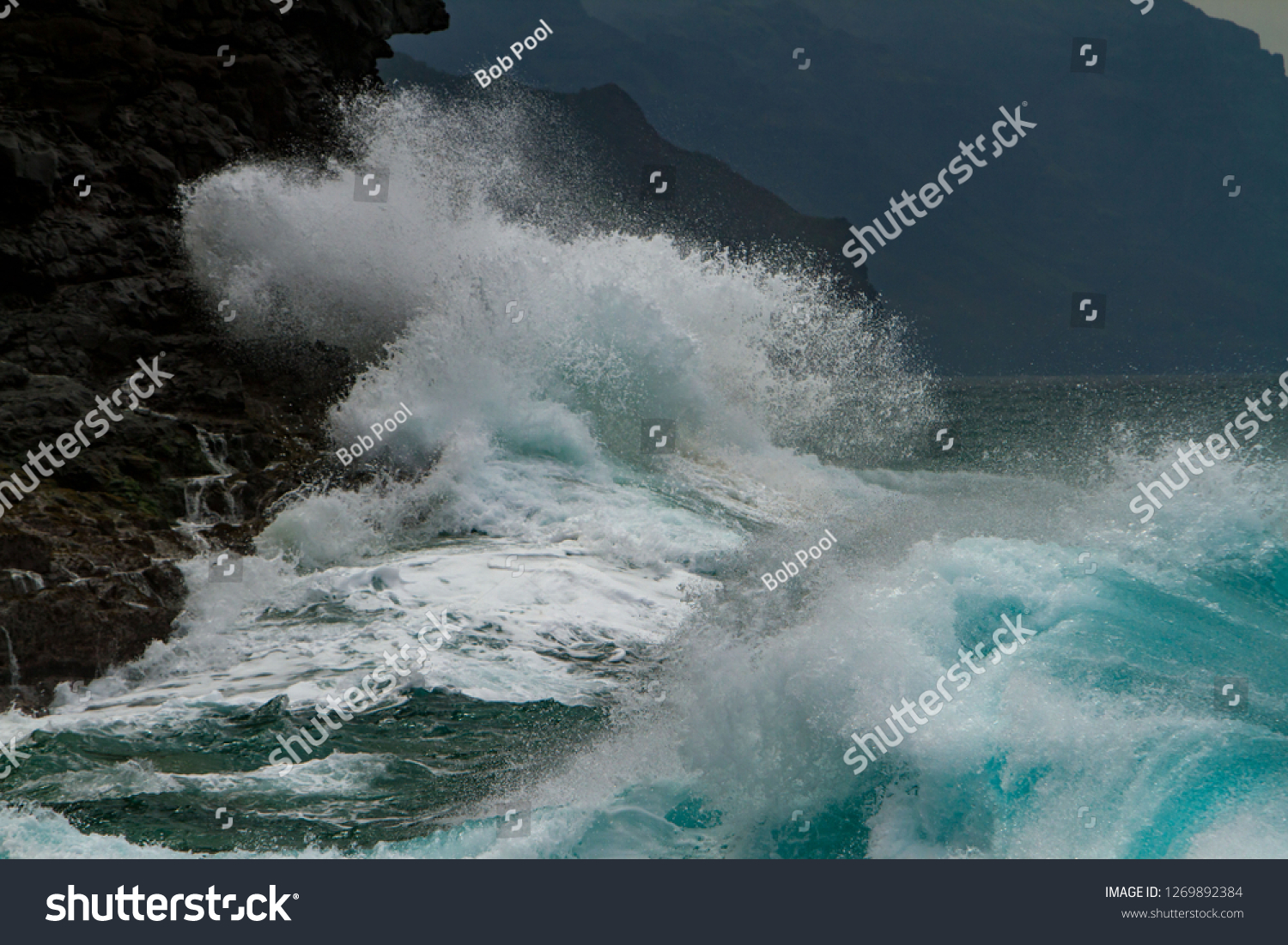 Waves crashing on the headlands on the north shore of Kauai, Hawaii. #1269892384