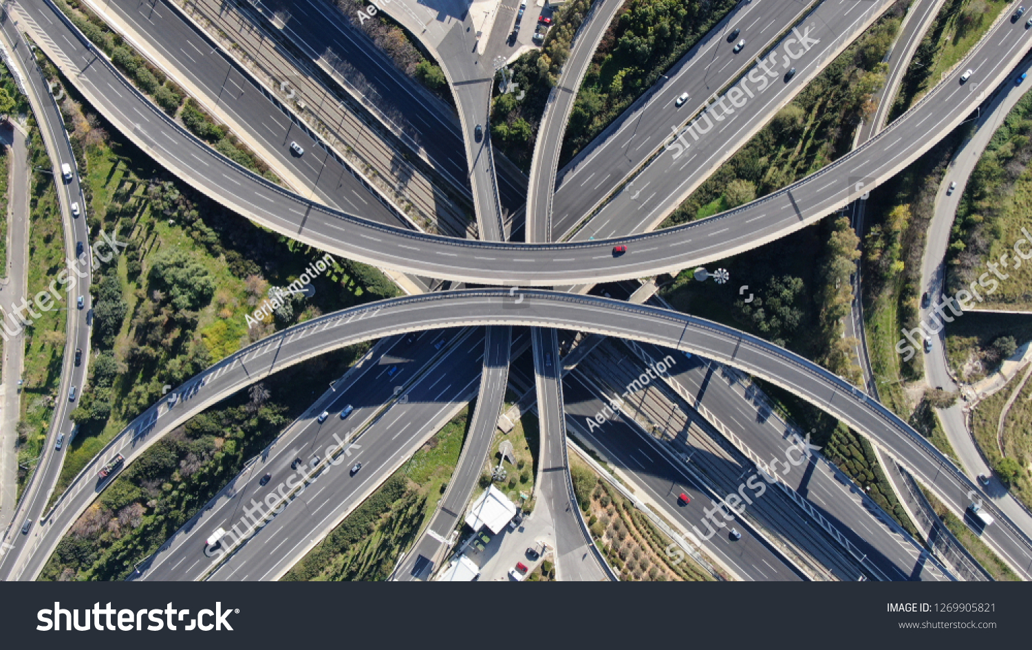 Aerial view of popular highway of Attiki Odos multilevel junction road, passing through National motorway in traffic jam, Attica, Greece #1269905821
