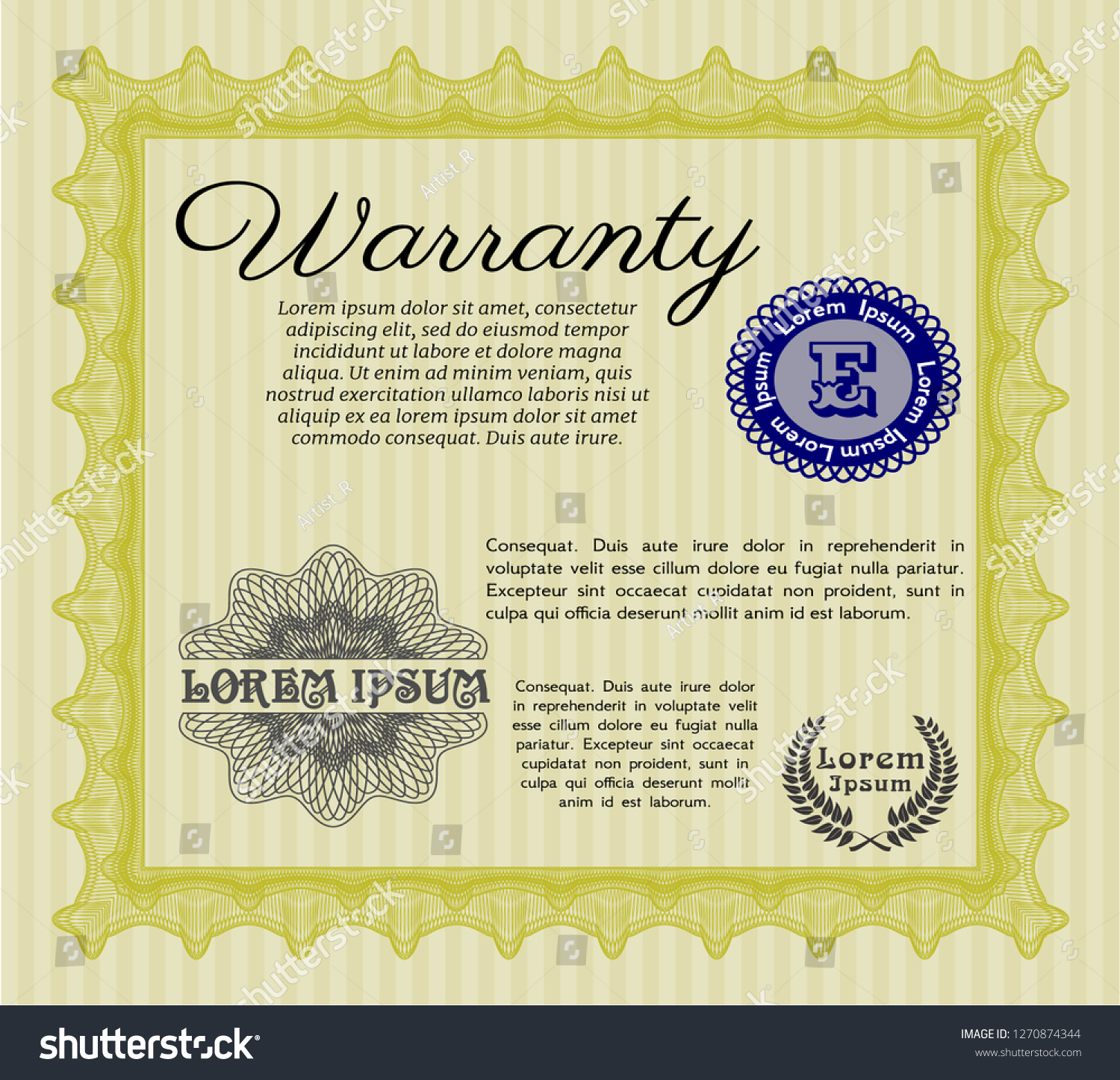 Yellow Vintage Warranty template. Cordial design. Detailed. Easy to print.  #1270874344