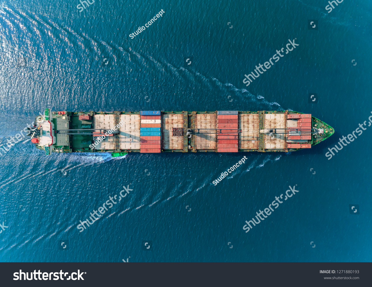 Aerial top view container ship with crane bridge for load container, logistics import export, shipping or transportation concept background. #1271880193