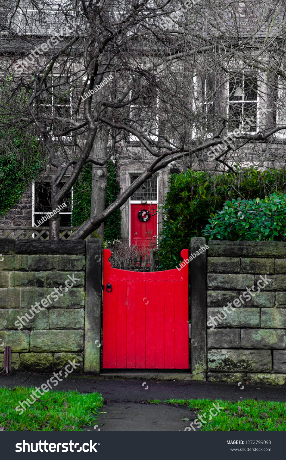 British architecture style, UK - beautiful Georgian front door. Front red Door and front red gate of an Old English Town House  #1272799093