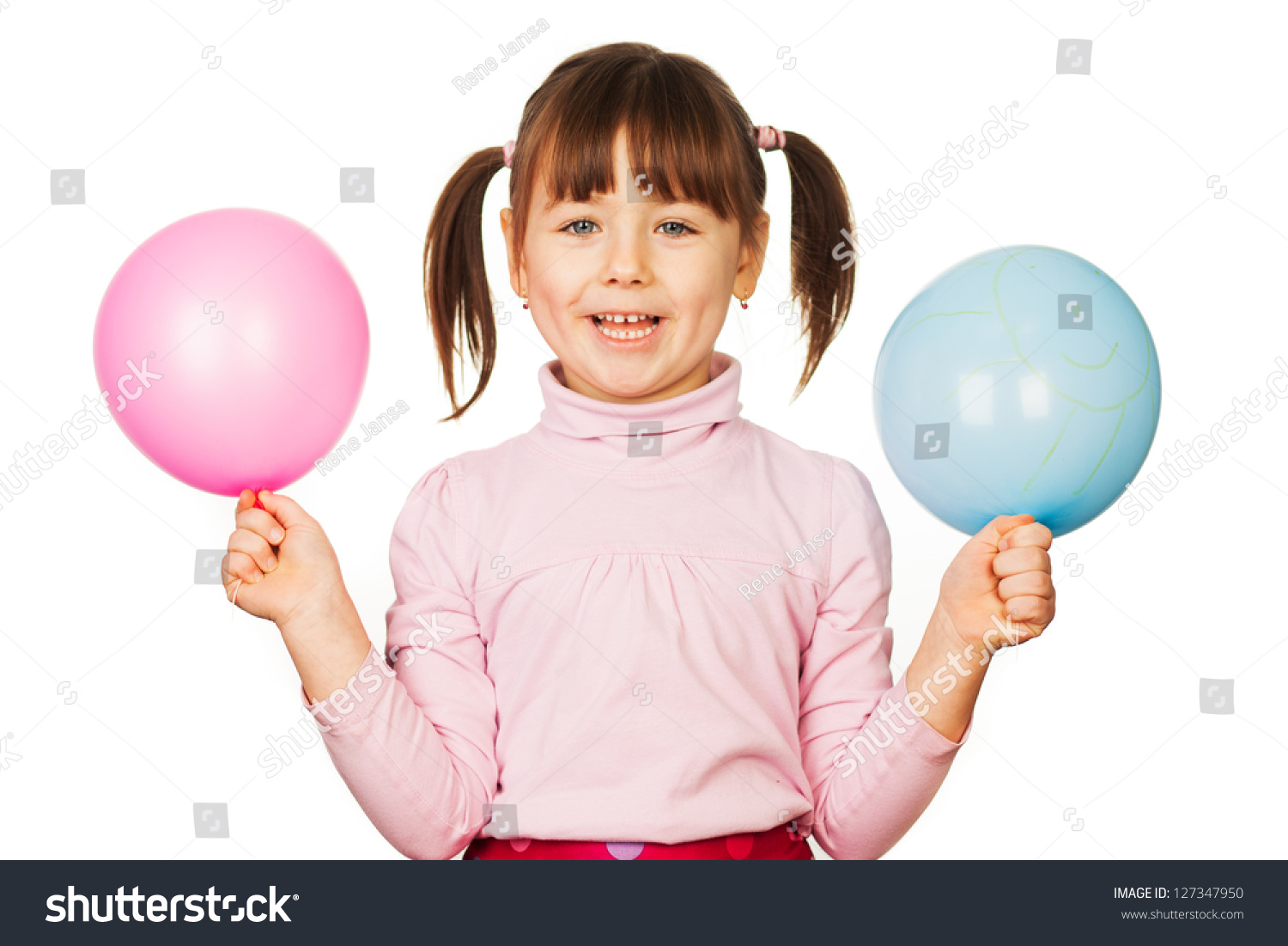 Portrait of happy woman with blue and pink balloons, white background. #127347950