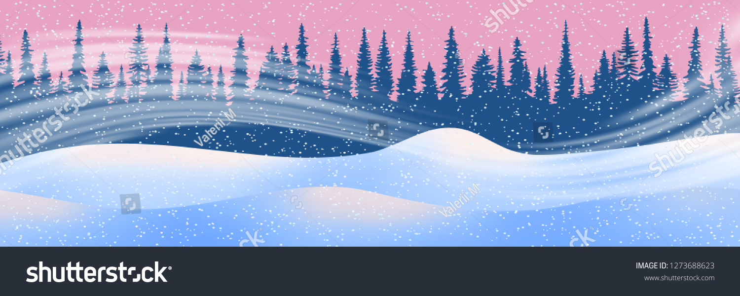 Fantasy on the theme of the winter landscape. Snow drifts, forest, blizzard and snowfall. Vector illustration, EPS10 #1273688623