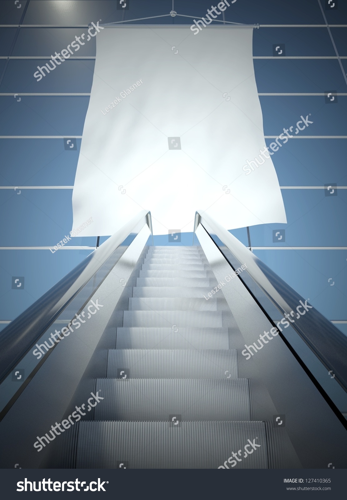 Blank advertising flag and modern moving escalator stairs #127410365