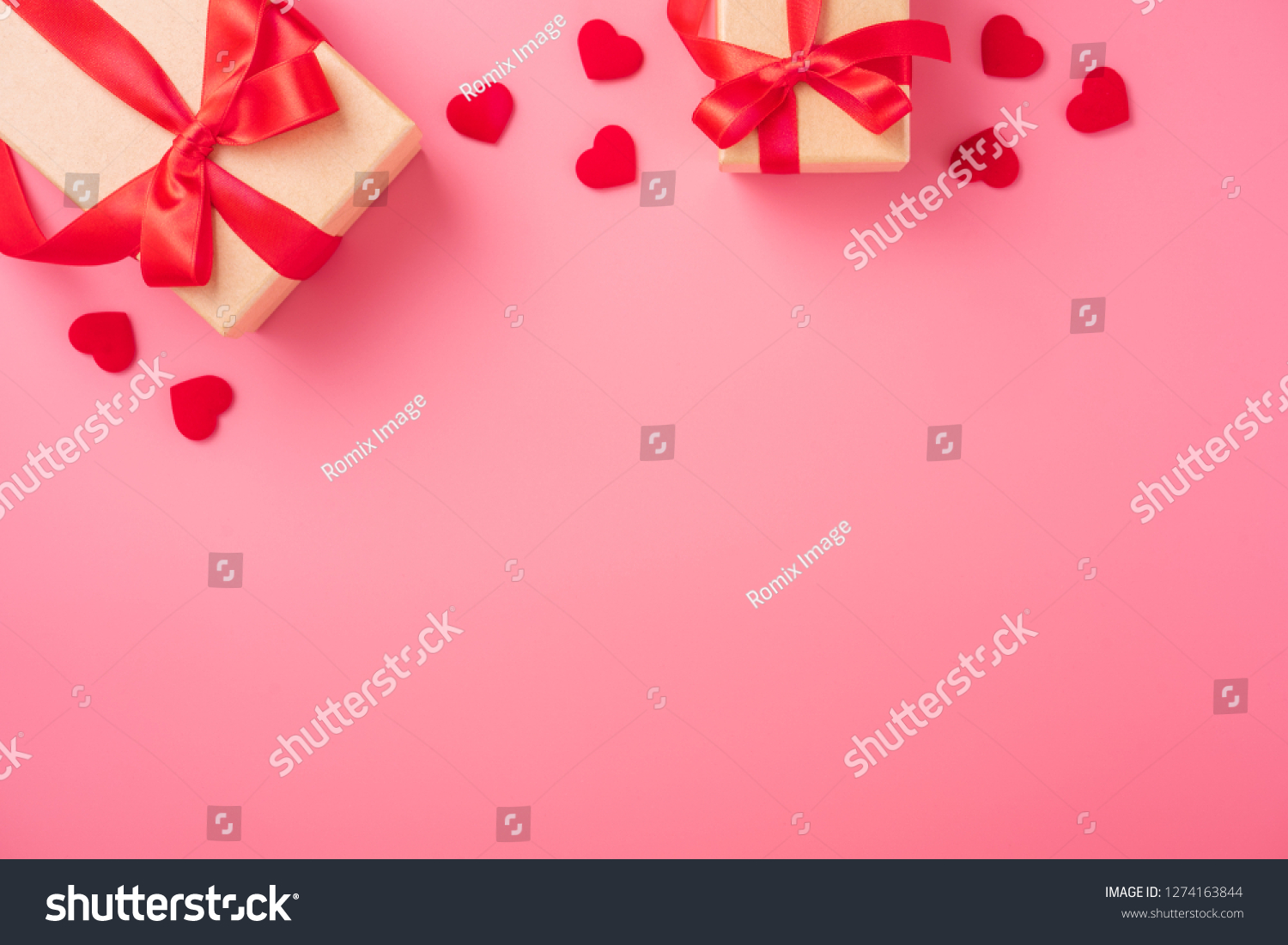 Kraft Gift box with beautiful red ribbon and rose, concept of Valentine's, anniversary, mother's day and birthday greeting, copyspace, topview. #1274163844