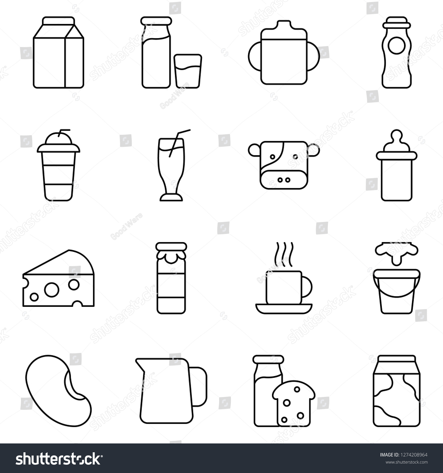 Milk Icons Pack Isolated Milk Symbols Royalty Free Stock Vector 1274208964