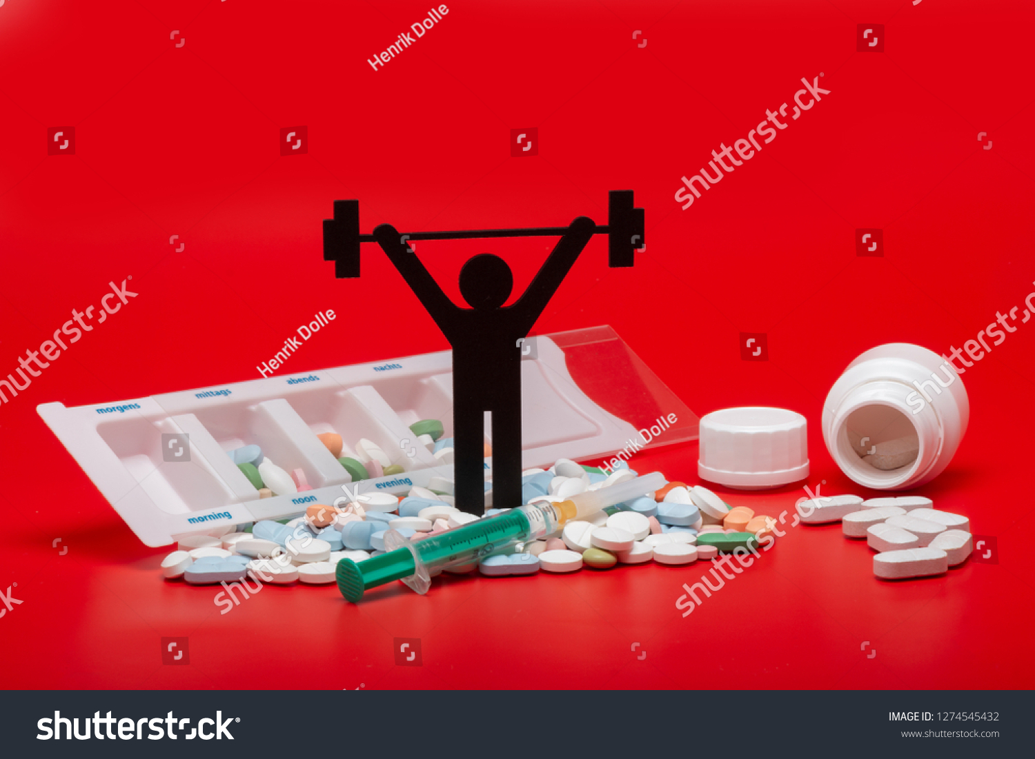 weightlifting pictogram with pills and red background #1274545432