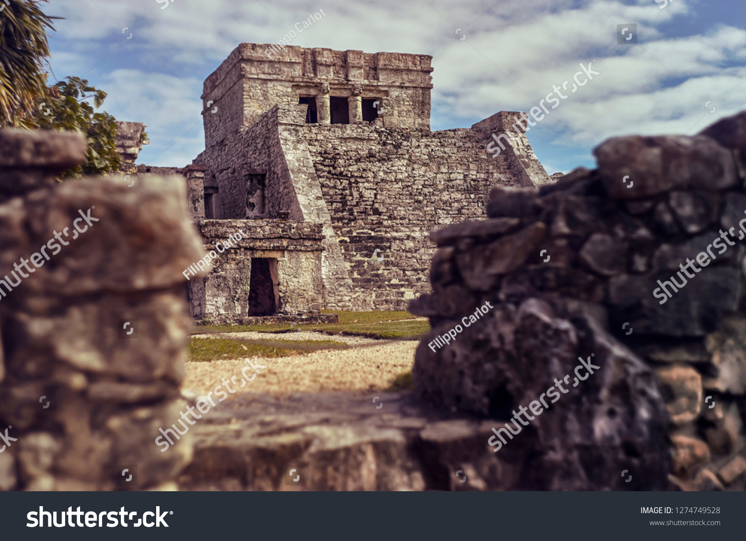 selective Temple of the frescos in the Mayan complex of Tulum, in Mexico taken during the sunset.  #1274749528