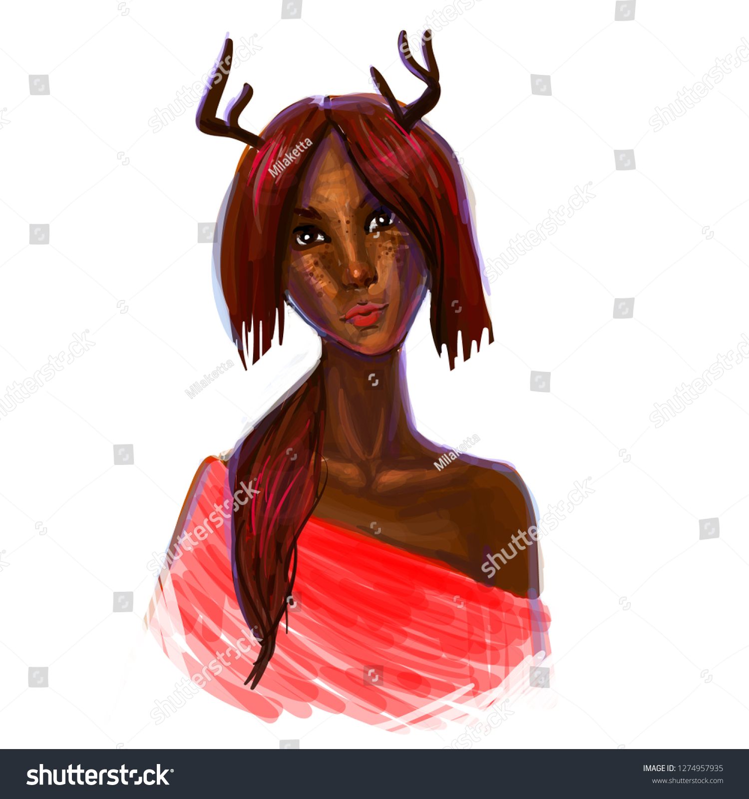 Hand Drawn Portrait Of A Dark Skinned Girl With Royalty Free Stock Vector 1274957935 6856