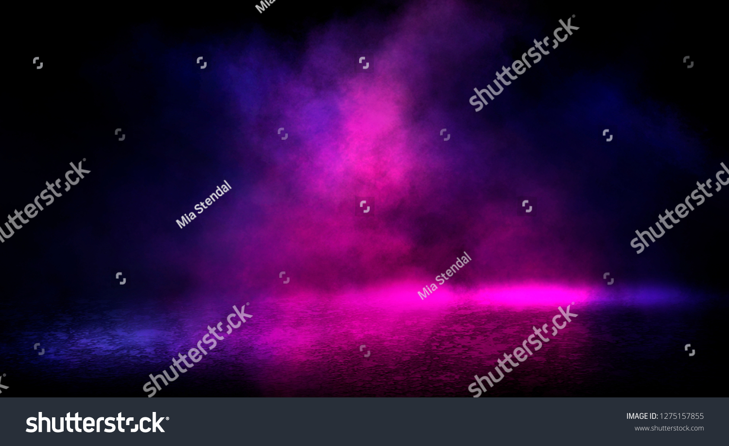 Empty scene with glowing pink and blue smoke environment atmosphere on floor. Fashion vibrant colors spectrum background. #1275157855