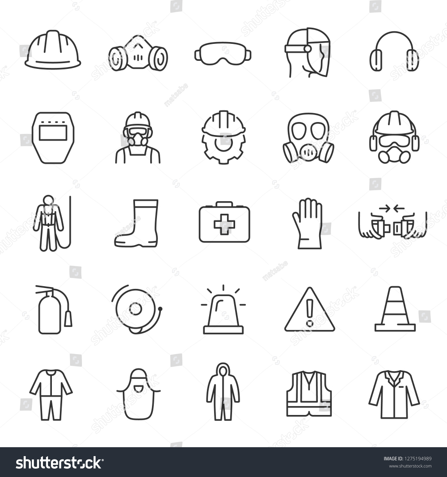 Protection and safety in the workplace, icon set. work area safety, linear icons. Notification and warning of danger. Line with editable stroke #1275194989