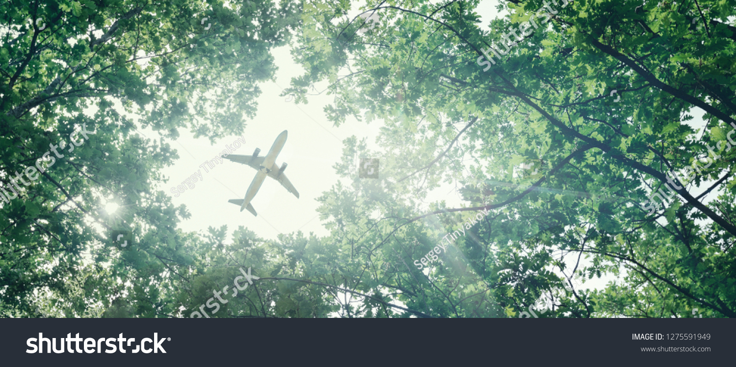 Eco-friendly air transport concept. The plane flies in the sky against the background of green trees. Environmental pollution. Harmful emissions #1275591949