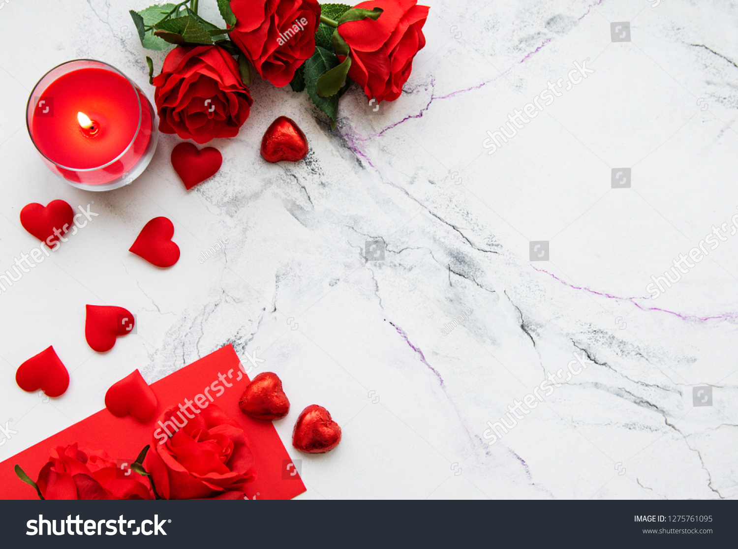 Valentines day romantic background - red roses, candle and hearts #1275761095