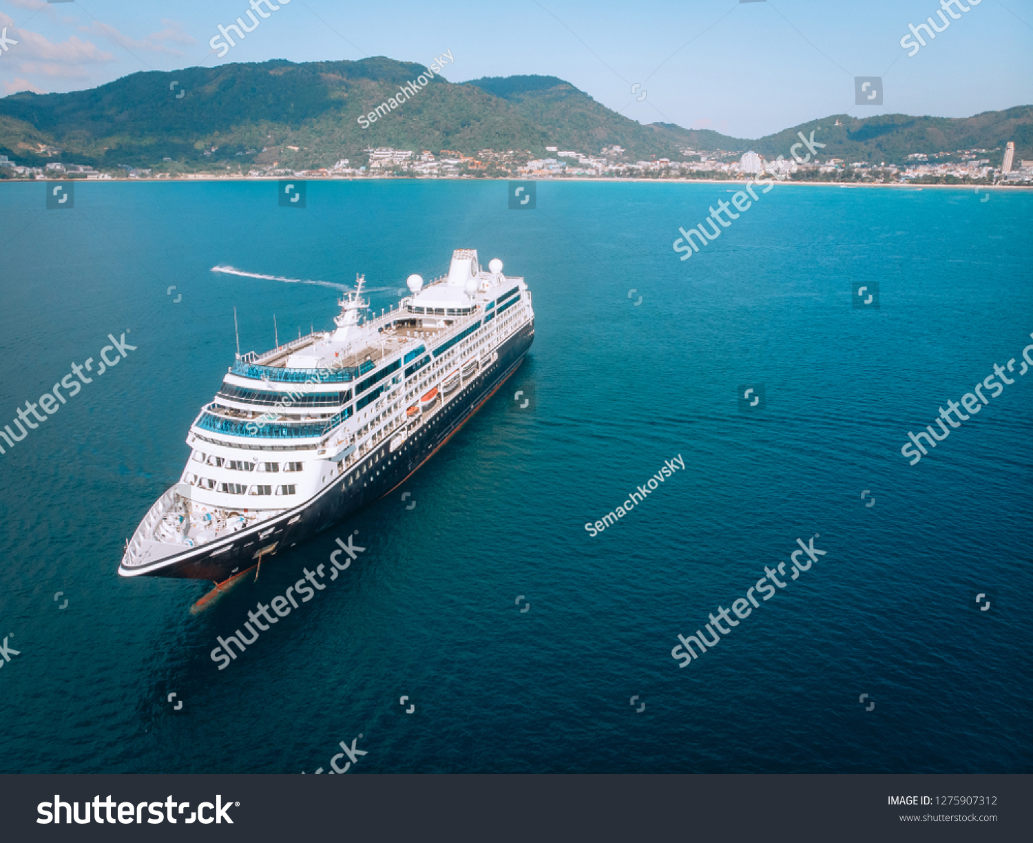 Large Cruise ship sailing across The Andaman sea - Aerial image. Beautiful  sea landscape #1275907312