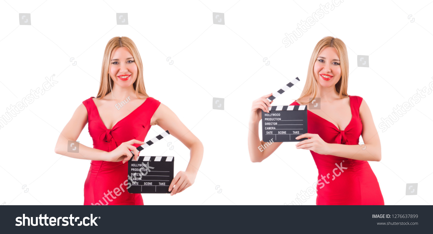 Woman with clapperboard isolated on white #1276637899