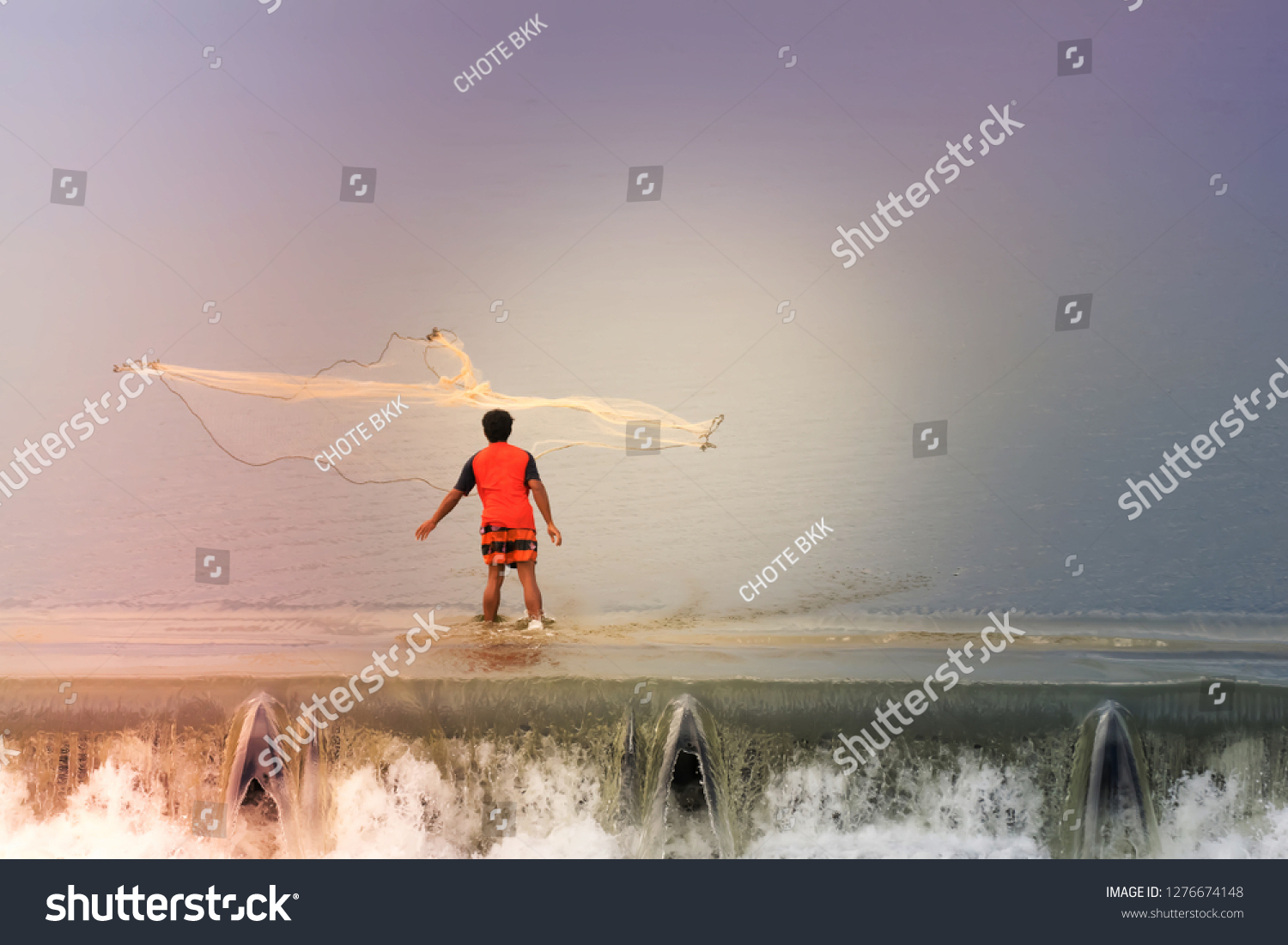 Fisherman,Silhouette of fisherman catching fish in lake. #1276674148