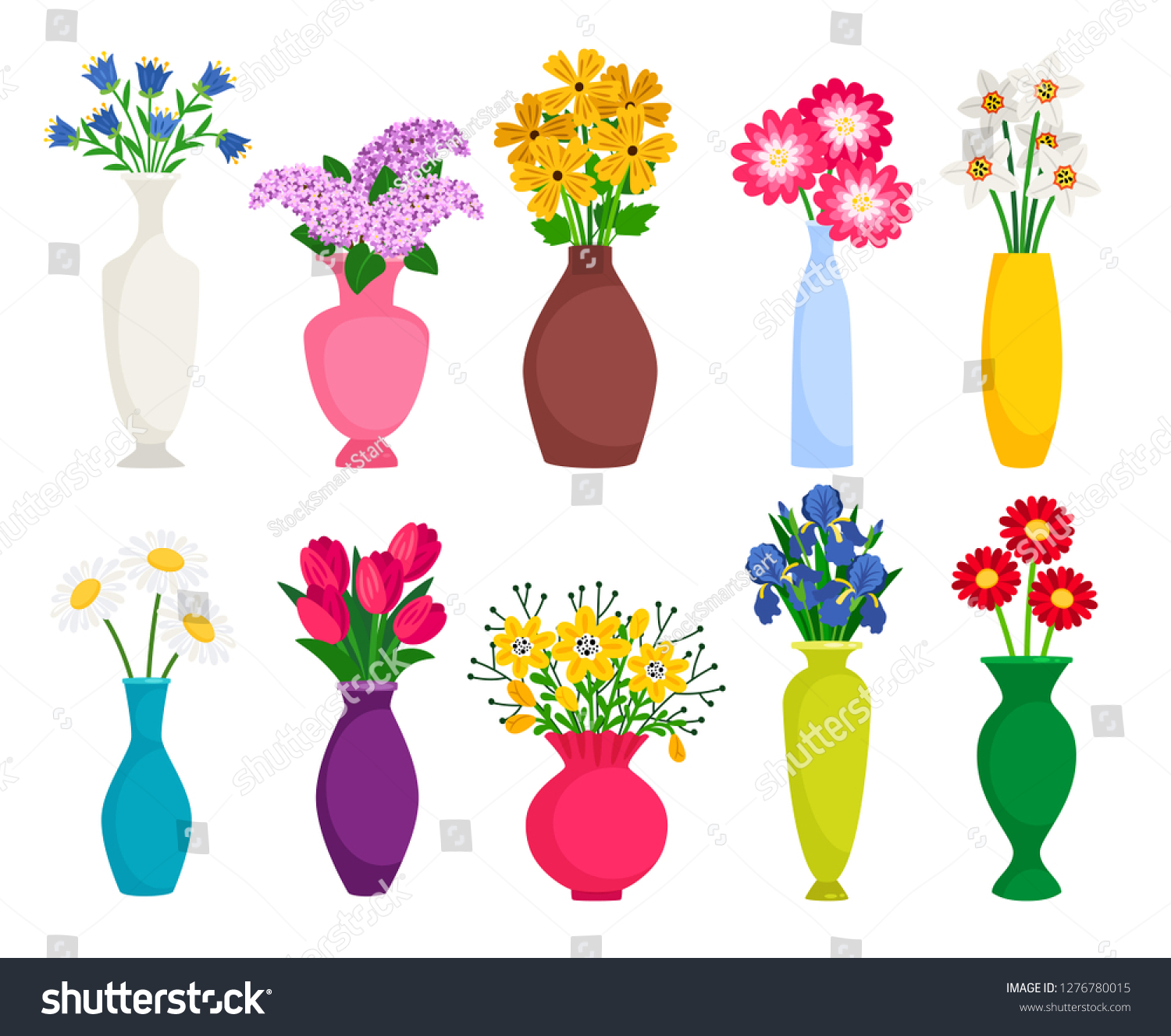 Set of colored vases with blooming flowers for decoration and interior. Chamomile, tulip, poppy and lilac. Vector illustration #1276780015