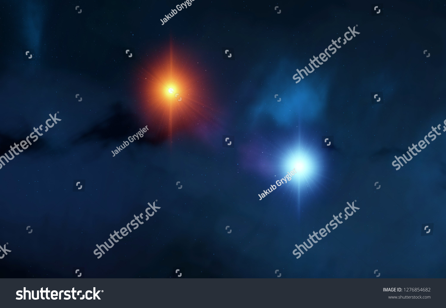2d illustration. Deep vast space. Bright stars, planets, moons. Various science fiction creative backdrops. Space art. Alien solar systems. Distant space. Realistic background deep cosmos. #1276854682