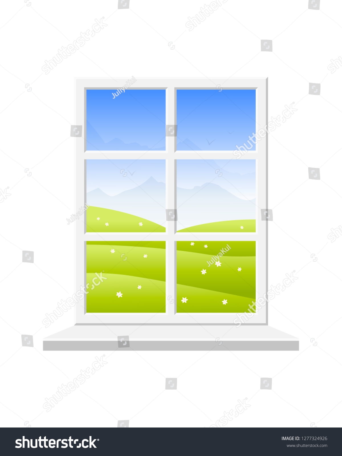 Spring window. View of the spring landscape: field with flowers, mountains and blue sky. Vector illustration on white background. #1277324926
