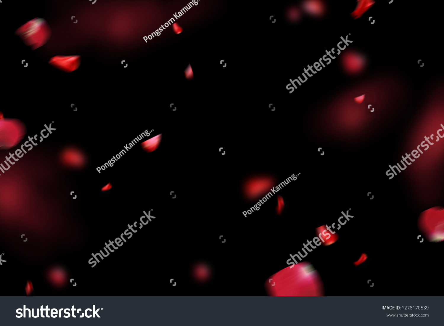 Background with red rose petals. Falling red flower petals and pink. Happy Valentines day card. Valentine's day background. Set of Naturalistic Rose Petals on black background #1278170539