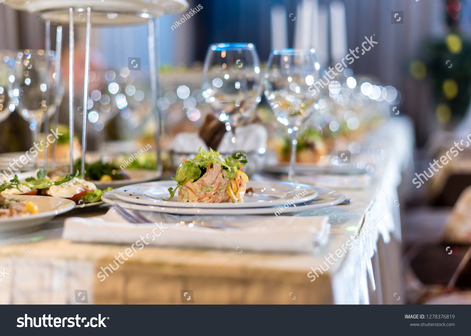 Serving dishes in the restaurant. luxury dinner served on the table #1278376819