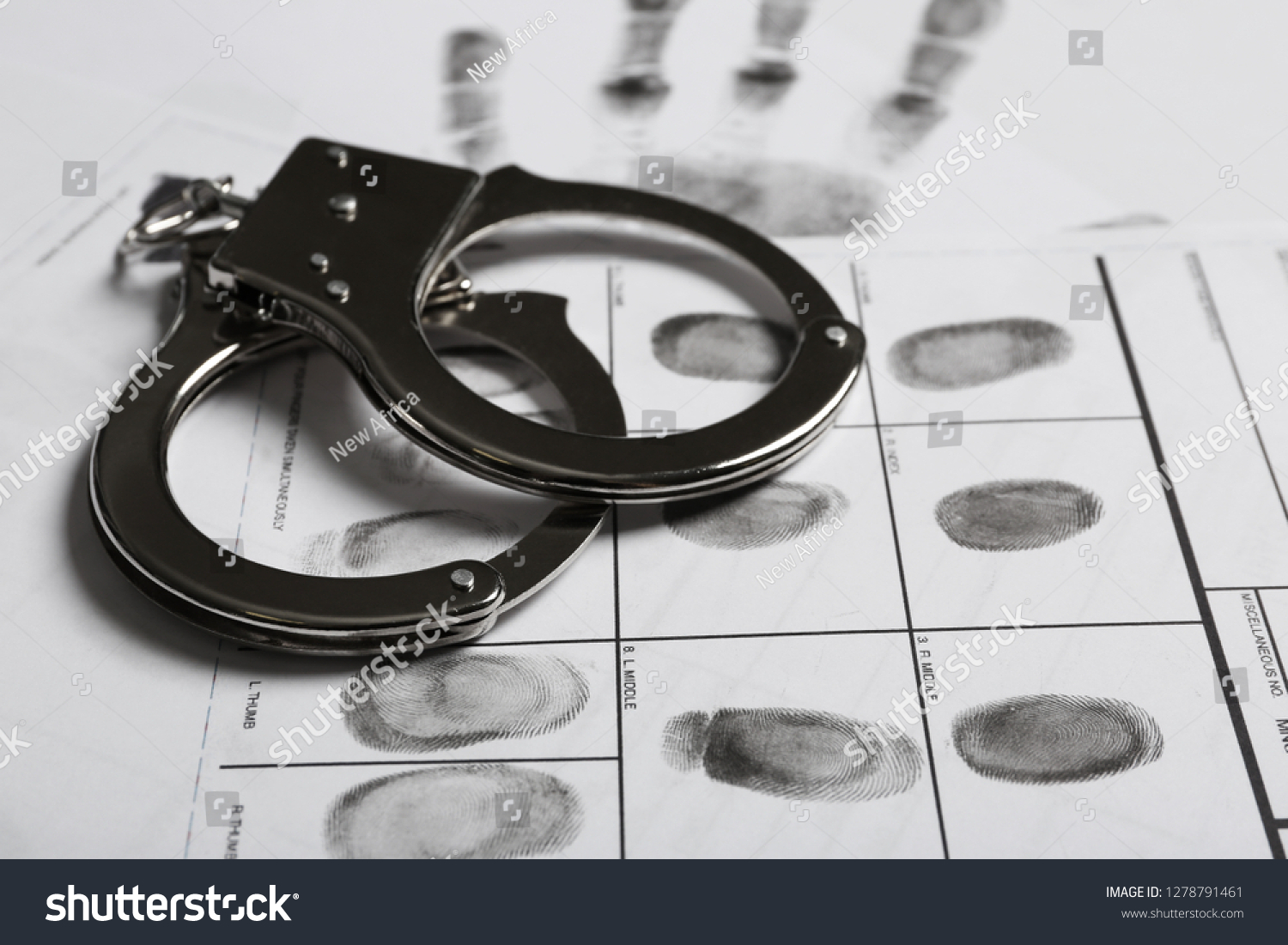Police handcuffs and criminal fingerprints card, closeup #1278791461