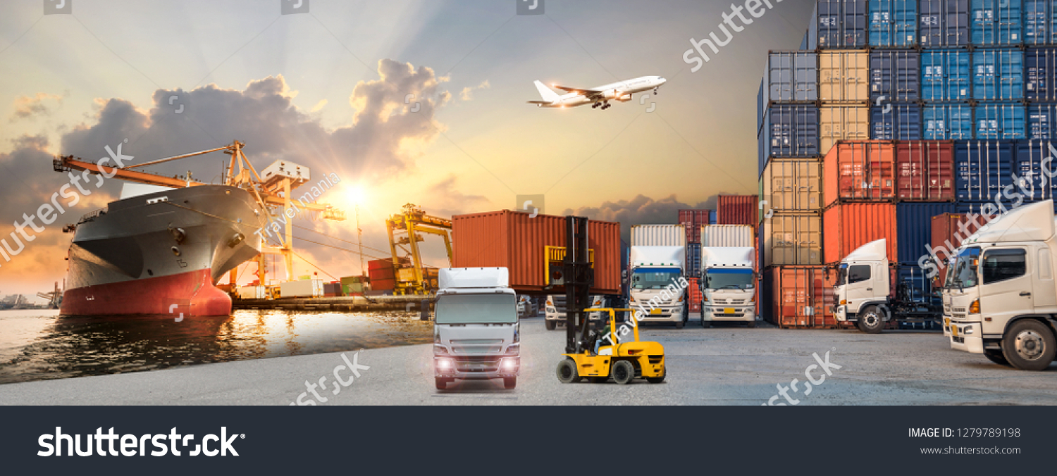 Industrial Container Cargo freight ship, forklift handling container box loading for logistic import export and transport industry concept backgroundtransport industry background #1279789198
