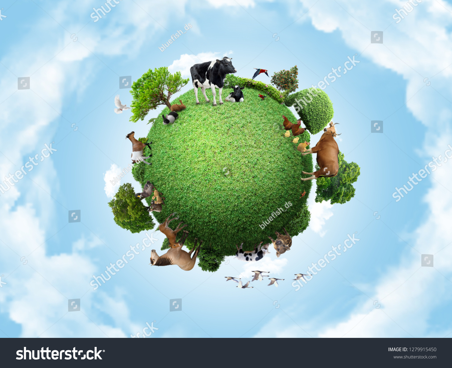 Green peace earth, miniature planet, globe concept showing a green, peaceful and animals poultry life  #1279915450