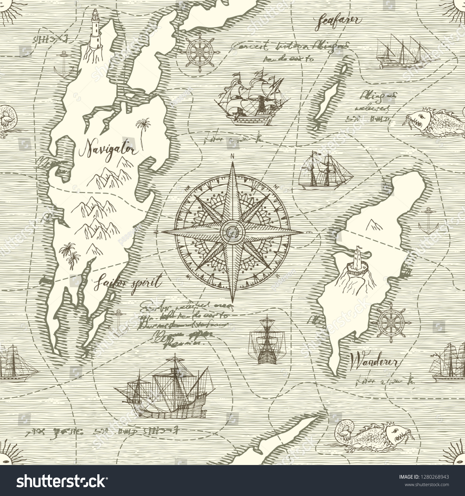 Vector abstract seamless background on the theme of travel, adventure and discovery. Old hand drawn map with vintage sailing yachts, wind rose, routs, nautical symbols and handwritten inscriptions #1280268943