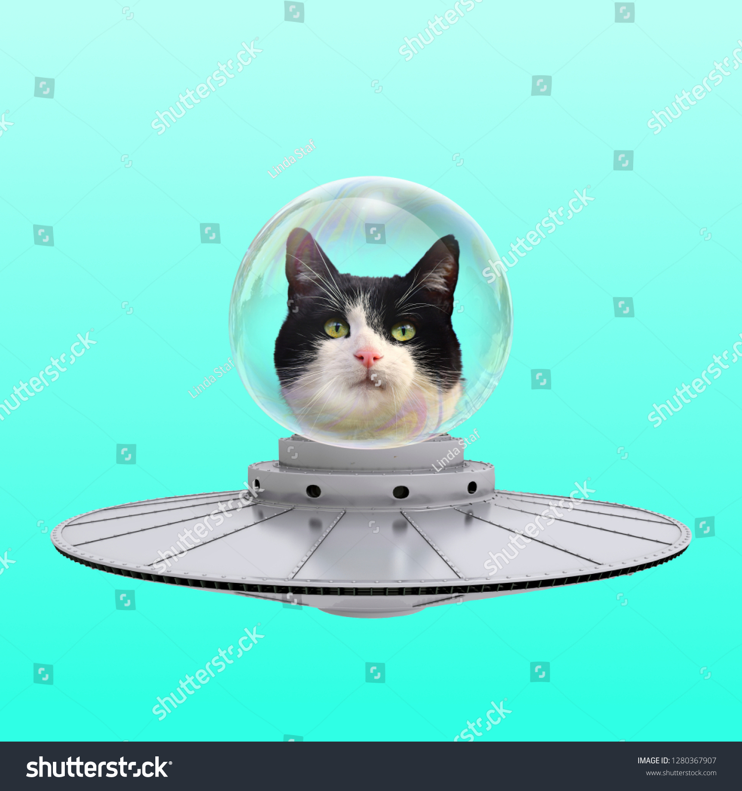 Funny art collage. Concept Cat Ufo on blue background. #1280367907