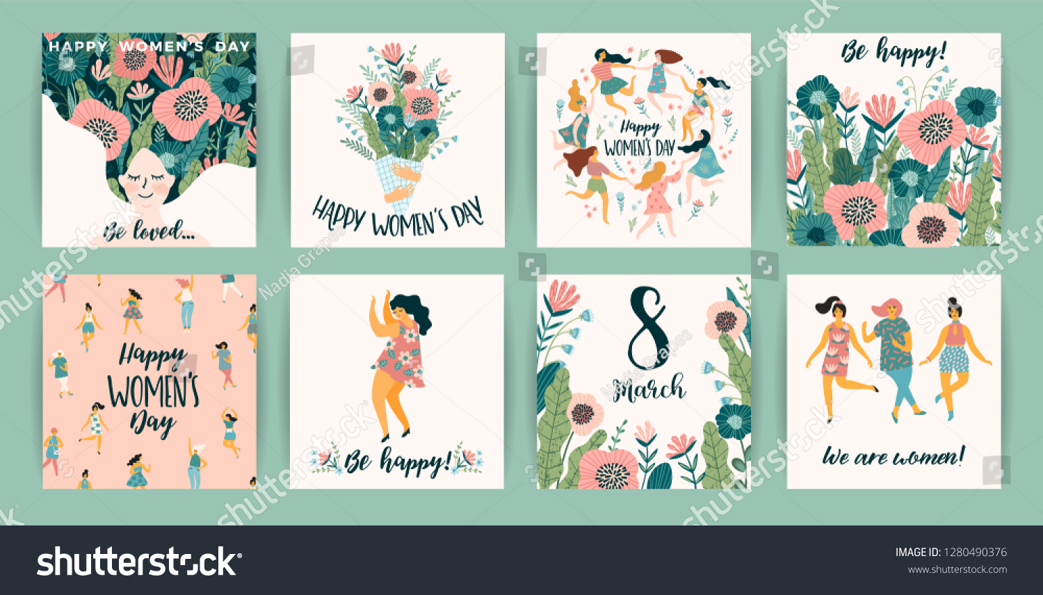 International Women s Day. Vector templates with cute women for card, poster, flyer and other users #1280490376