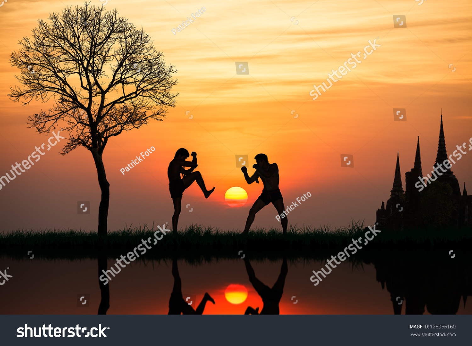 Silhouette of a thai's boxing at sunset #128056160
