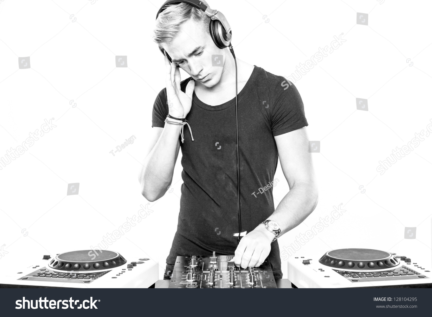 DJ at work in front of white background #128104295
