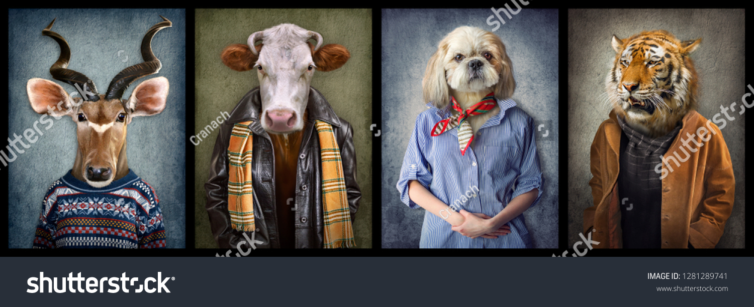 Animals in clothes. People with heads of animals. Concept graphic, photo manipulation for cover, advertising, prints on clothing and other. Antelope, cow, dog, tiger. #1281289741