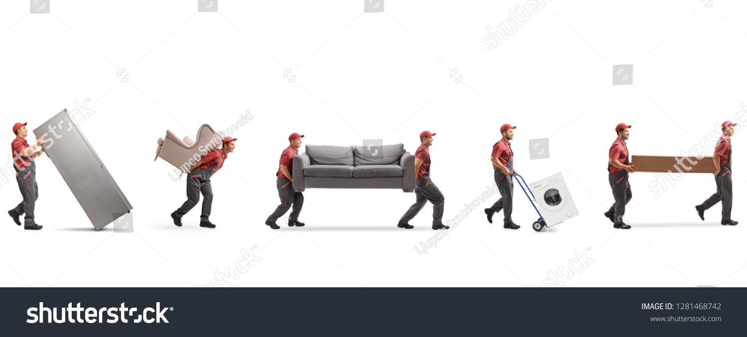 Full length shot of movers carrying furniture and appliences isolated on white background #1281468742