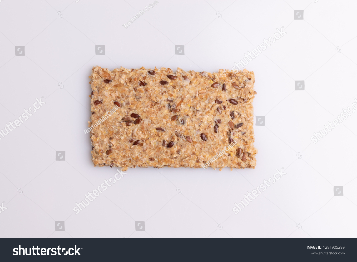 Diet flax seed whole grain cracker isolated on white background, soft light, top view, copy space #1281905299